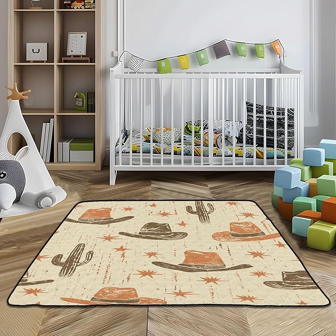 Baby Play Mat Desert Cowboy Hat and Cactus 50 x 50 Playpen Baby Mats for Floor Play Gym Crawling Mat Non-Slip Cushioned Playmat for Infants, Babies, Toddlers