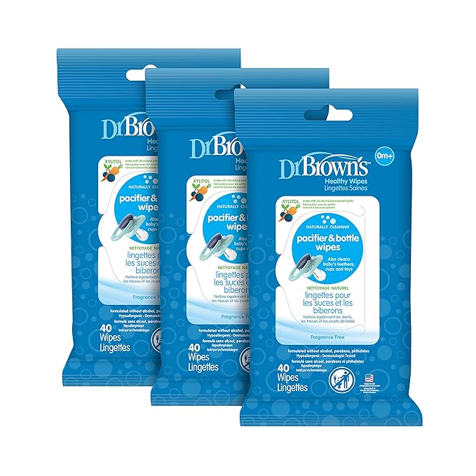 Dr. Brown's Bottle and Pacifier Healthy Wipes, Naturally Cleaning for Bottles and Baby Items, 30 Count, 3 Pack & HappyPaci 100% Silicone Pacifier 0-6m, BPA Free, White, Blue, Light Blue, 3 Pack