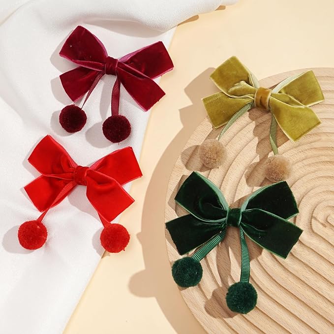 Velvet Bows Clips for Baby Girls, 20pcs 3.7inches Boutique Baby Hair Clips, Tassel Ball Hair Barrettes Alligators for Infants Toddlers Fine Hair