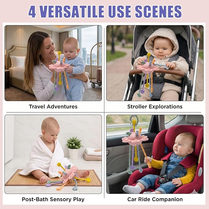 Silicone Baby Sensory Pull String Toy for 18+ Months, Montessori Toys for Toddlers, Sensory Activity Travel Toy for Airplane Car Seat Stroller, Fine Motor Skills Early Learning Gift (Light Pink)