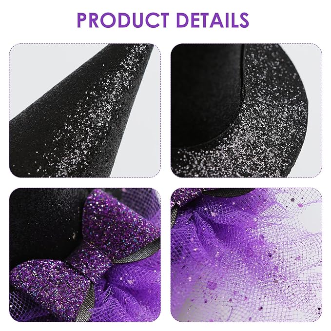 Baby Girls Mini Witch Hat Headband Infant Toddler Glitter Bow Tulle Party Hair Accessories Purple