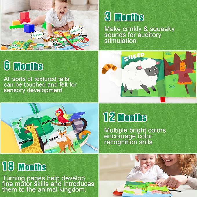 BBWOO Soft Baby Book Toy - Newborn Boy Girl Shower Gift - Tummy Time Toy for Infant 0-6 6-12 Months - Touch and Feel Sensory Crinkle Book with Teether - Baby Boy Girl Gift - Easter Basket Stuffers