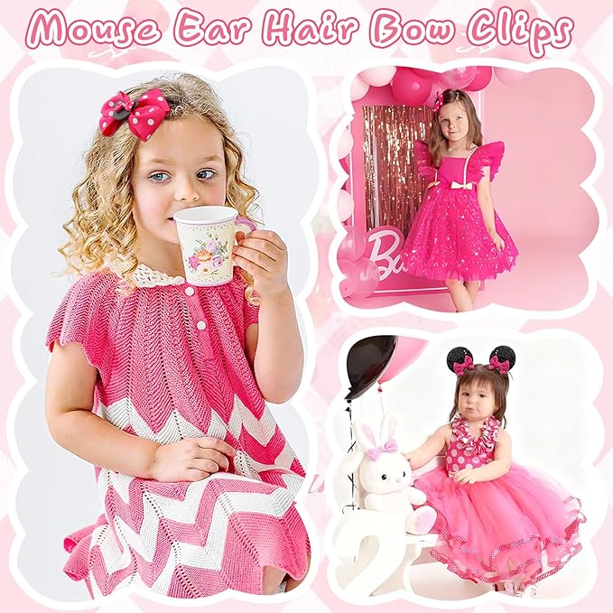 2 Pairs Rose Red Mouse Ears Hair Clips & Mouse Hair Bows Barrettes for baby Girls Accessories Birthday Party Decorations Gift