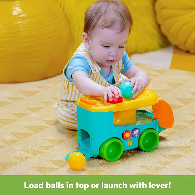 Bright Starts Pop & Roll Safari Bus Ball Play Toy, Elephant Popper and Launcher, Baby Crawling Toy, Unisex, Ages 6 Months+