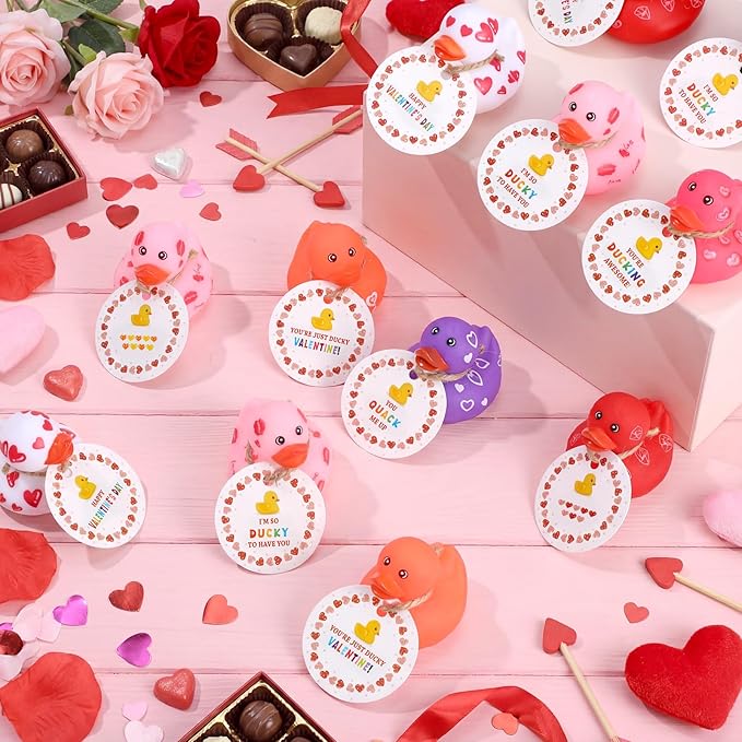 Jerify 48 Pcs 2 Inch Valentines Ducks for Kids Classroom Exchange Gifts Valentine's Day Rubber Ducks with Gifts Cards Mini Heart Rubber Duckies Valentines Party Favors Toys, 6 Styles (Novel)