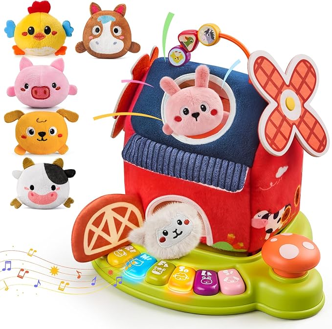 Baby Toys 6-12 Months, Musical Toys for 1 Year Old, Stuffed Farm Animals for Baby, 6 7 8 9 10 12 Month Old Baby Boy Girl Gifts, Sensory Montessori Toys for 1 Year Old