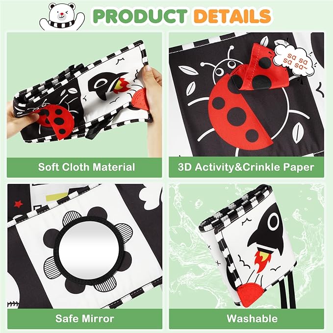 BBWOO High Contrast Baby Toys for Newborn, Tummy Time Mirror, Black and White Baby Toy for 0-6 Months, Soft Montessori Visual Stimulation Infant Book, Boy Girl Shower Gift, Easter Basket Stuffers