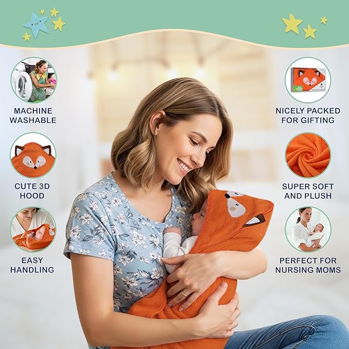 Mother's Choice 100% Organic Cotton Baby Hooded Towel – Ultra-Soft & Absorbent Baby Bath Towels for Newborn with 3D Orange Fox Design