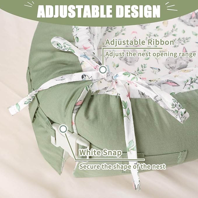 Baby Lounger Cover for Boys Girls, Reversible Baby Nest Cover, Adjustable Baby Lounger Replaceable Cover for Infant Newborn, Portable and Machine Washable, Cotton Green Rabbit Cover