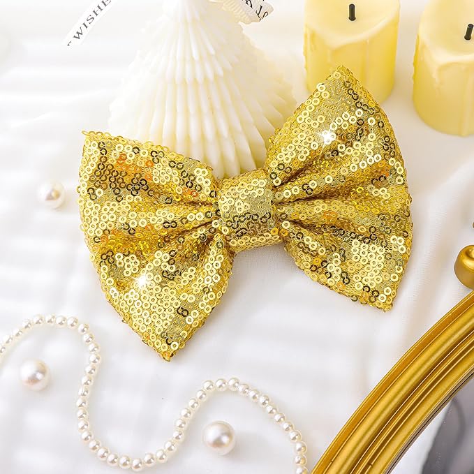Hair Bows for Girls - Alligator Hair Clips, Sequin Big Bows for Babies, Toddlers, and Teens - Gold Bow Hair Accessories