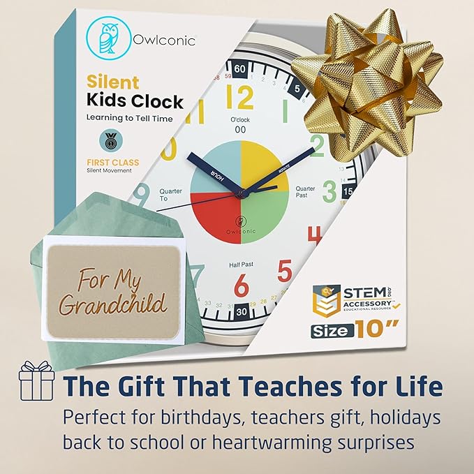 OWLCONIC Clock for Kids – Educational Analog Learning Wall Clock, Non Ticking Teaching Clock for Classroom & Homeschool, Silent Kids Bedroom Décor Multicolor