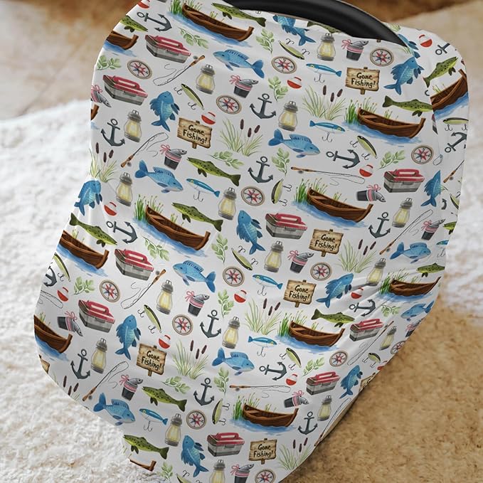 Gone Fishing Baby Car Seat Covers Fishing Lover Gift Stretchy 5-in-1 Cover Adjustable Car Canopy Cover Camping Adventure Vacation Outdoors Breathable Nursing Cover-Up