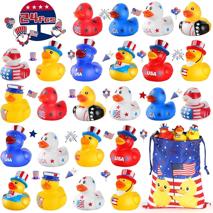 SCIONE Patriotic Rubber Ducks - 24 Pcs Independence Day Novelty Funny Squeeze Baby Shower Bathtub Ducks for Fourth of July Party Supplies