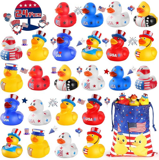 SCIONE Patriotic Rubber Ducks - 24 Pcs Independence Day Novelty Funny Squeeze Baby Shower Bathtub Ducks for Fourth of July Party Supplies