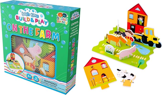 Buddy & Barney: Bath Time: Build & Play - On The Farm - Floating 3D Foam Stickers, Interactive Animal Scene, Suction Cup Mesh Bag, Water Toy, Kids 3+