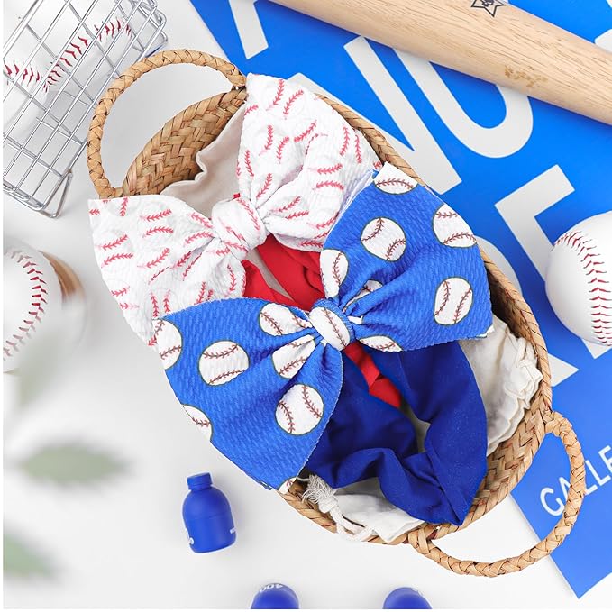 Baseball Baby Bow Headband High Stretchy Soft Nylon Headbands for Infant Girls Toddler Handmade Hairbands with Bows Baseball Hair Accessories Red Blue