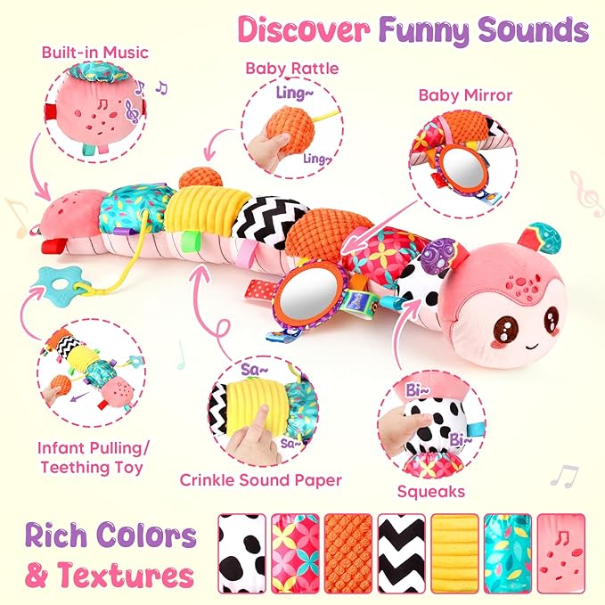 Musical Caterpillar Baby Toys 0-6 6-12 Months, Multi-Functional Sensory Tummy Time Toys for Newborn Infants Boys & Girls, Developmental Stuffed Animal Toys, Baby Shower & Baby Gifts