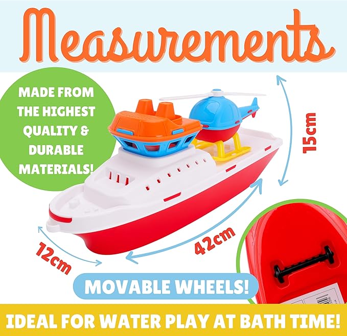 Toyland® 17" Floating Tugboat Bathtub & Pool Toy for Toddlers – Water Boat with Removable Helicopter, Durable Non-Toxic Kids Water Toy for Bath Time, Pool & Outdoor Play (Ages 2+)