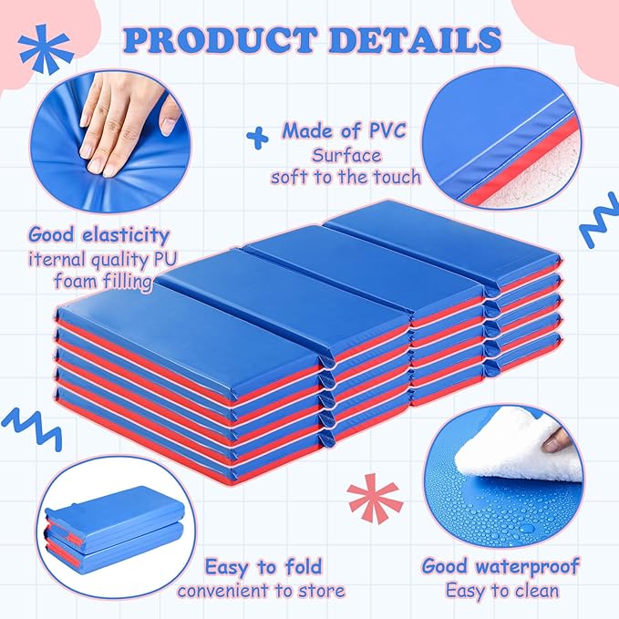 Marsui Folding Kids Nap Mats for Preschool Daycare 4 Section Folding Rest Mats Daycare Sleeping Mat for Kid 2 Inch Thick Portable Resting Floor Sleep Mat Baby Changing Pad for Kindergarten(Red,Blue)