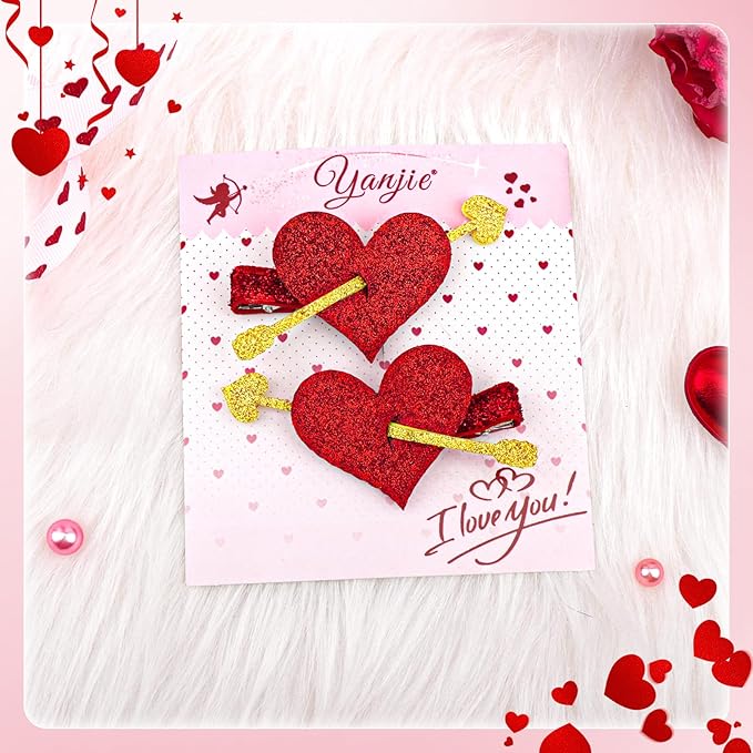YanJie 2pcs Valentines Day Hair Clips for Girls Glitter Heart Clip Cupid Accessories Red Hair Accessories for Women Cute Hairpin Girl Valentine Gifts
