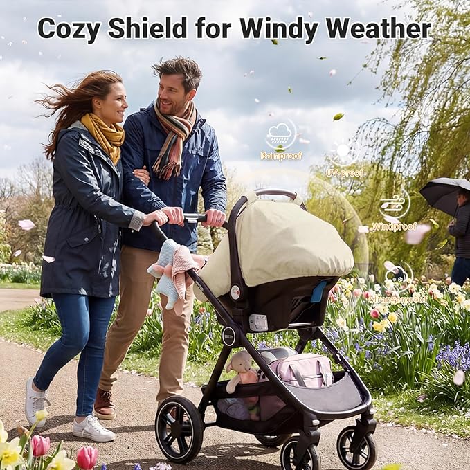 Rquite Car Seat Cover Baby, Winter Carseat Covers Boy Girl, Waterproof Infant Car Seat Cover Warm Car Seat Canopy for Cold Weather, Windproof Baby Carrier/Stroller Cover with 2 Layers Windows, Beige