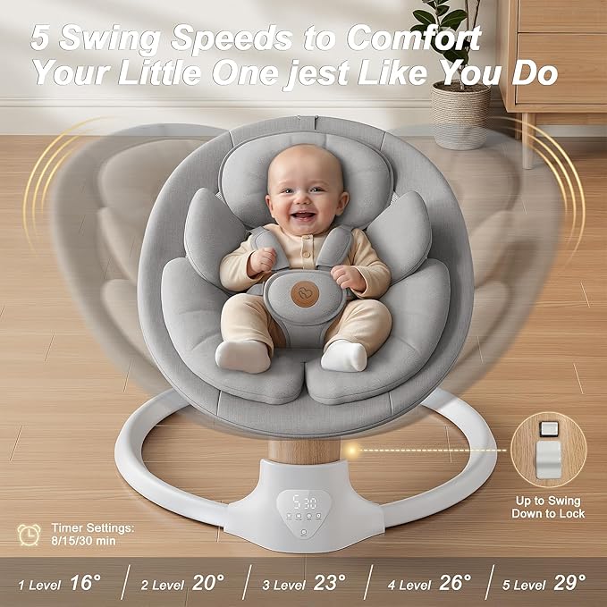Baby Swings for Infants, FasonBaby Electric Baby Swing with Music Speaker, 5 Speeds, Remote Control and Bluetooth - Portable Infant Swing for Indoor and Outdoor (Gray)