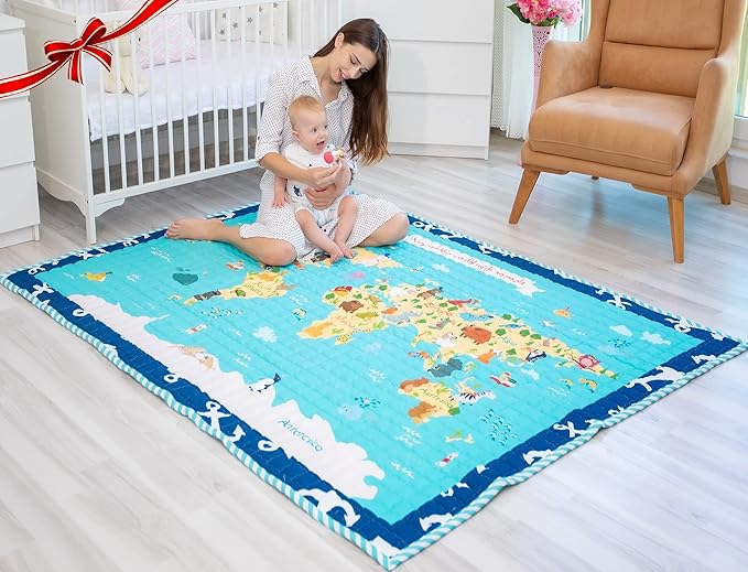 Moiré World Animal Map Learning Baby Play Mat Extra Large 76 in. x 58 Padded Crawling Carpet for Babies