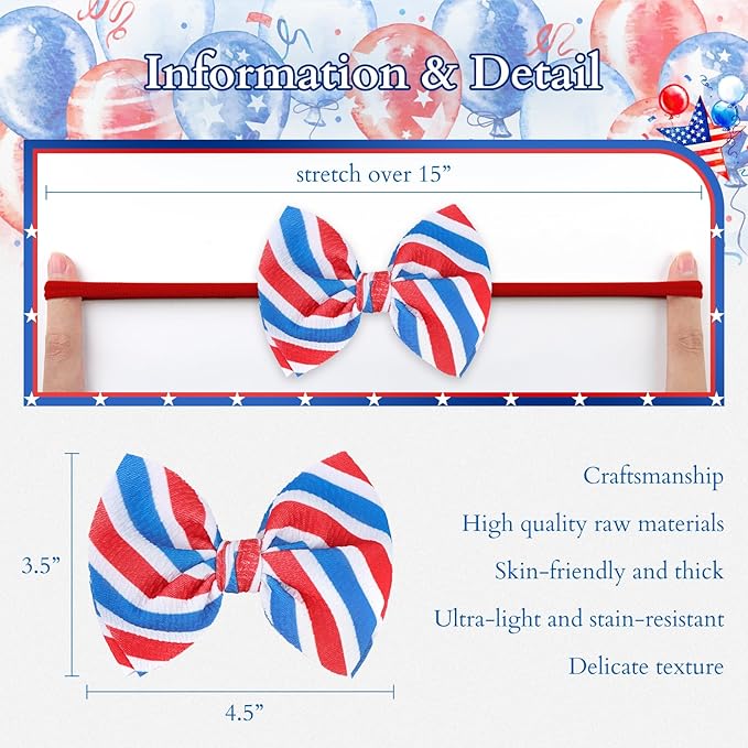 YanJie 4th of July Patriotic Headbands - Red, White & Blue Bows for Newborns, Baby Girls & Toddlers