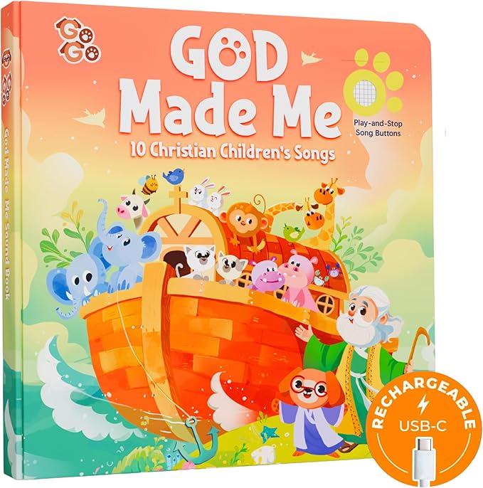 GO GO God Made Me Sound Book, 10 Christian Songs, USB-C Rechargeable, Musical Learning Toy for Toddlers 1-3, Babies 0-2, Preschoolders, Kids 1-6