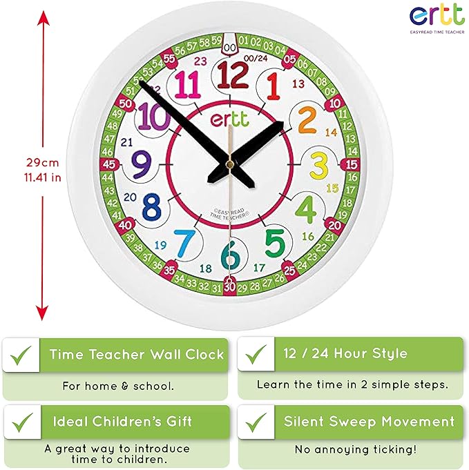 Teaching Wall Clock - Learn The Time Wall Clock - Kids Analog Clock for Classroom, Playroom, Bedroom, Educational Room Decor - School Clock for Kids with Rainbow Face (29cm)