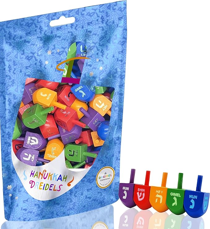 The Dreidel Company Wood Multi-Colored Dreidels Medium Sized Hanukkah Draydels with English Transliteration (Pack of 200)