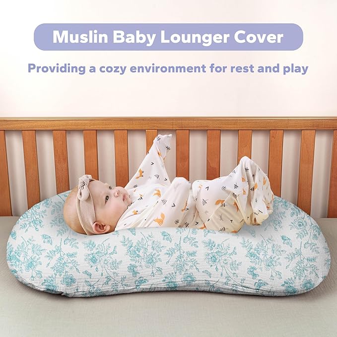 FUNUPUP Muslin Baby Lounger Cover Compatible with Snuggle Me Lounger, Infant Lounger Pillow Cover for Newborn, Removable Newborn Lounger Cover for Boys and Girls, Only Cover, Blue Flower