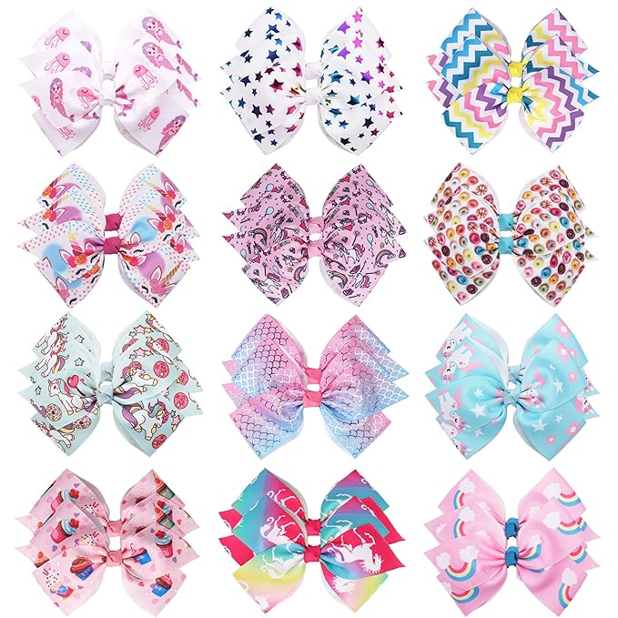 24PCS 4.5Inch Bows for Girls Boutique Grosgrain Ribbon Rainbow Hair Bow Alligator Hair Clips Pigtail Bows Unicorn Hair Clips for Baby Girls Toddler Kids Children Teens in Pairs