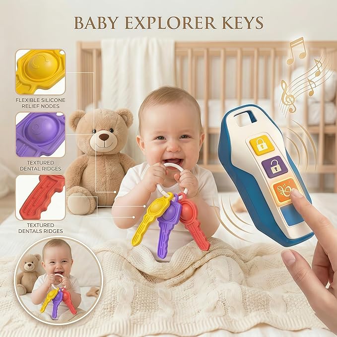 Toy Car Keys for Toddlers 1-3, Soft Silicone Baby Teething Toys with Gentle Lights and Sounds, Non-Toxic Lightweight Pretend Play Sensory Toys for 1 Year Old Boy Girl Birthday Gifts,(blue)