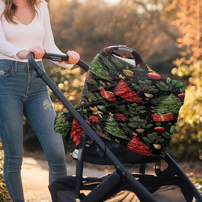 Binienty Nursing Cover for Newborn Breastfeeding - Christmas Tree Pattern Stretchy Infant Carseat Canopy Soft Cozy Mom Breastfeeding Scarf and Shawl