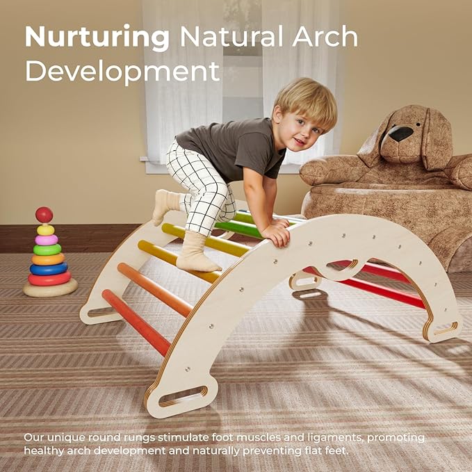 LINKHOO Pikler Triangle Set of 3, Wooden Montessori Climbing Set for Toddlers Ages 2-6, Indoor Jungle Gyms with Arch, Ramp and Ladder, Rainbow