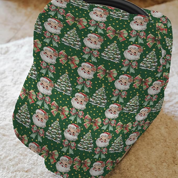 Christmas Santa Trees Car Seats Cover for Babies Santa Claus Red Green Bows Stretchy 5-in-1 Cover Adjustable Car Canopy Cover Winter Holiday Breathable Nursing Cover-Up