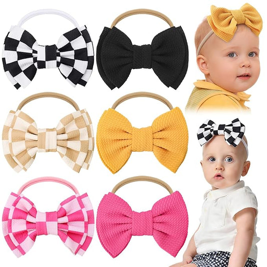 JATEBI 6 PCS Baby Girl Hair Bows Set Checkered Cow Print Bows Headbands for Girls Cowgirl Accessories Newborn Toddler Baby Outfits Checkered