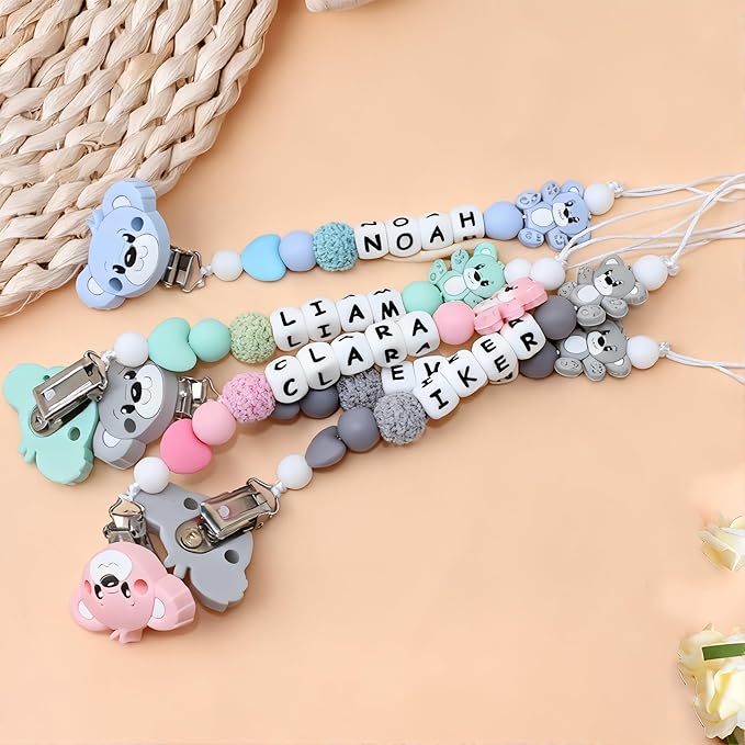 Custom Silicone Bead Personalized Pacifier Clip with Name for Baby, Customized Pacifier Clip Fits All Pacifiers (Bear.)