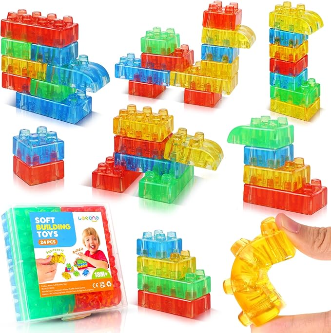 LESONG Sensory Building Toys for Toddlers: 24PCS Squeezable Silicone Stacking Toys – Early Learning Construction Playset for Preschool Manual Skills, Birthday Gifts