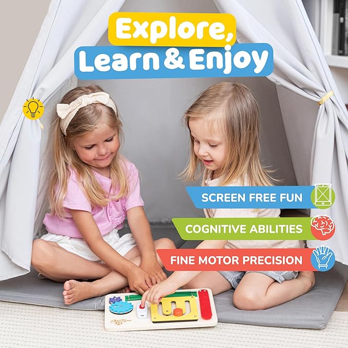 deMoca Sensory Busy Board for 1 Year Old, Travel Wooden Montessori Busy Board for Toddlers 1–3, Switch and Fidget Activity Board for Early Motor Skills and Travel Play
