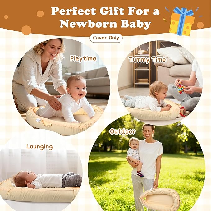 Baby Lounger Cover for Boys and Girls, Beige 100% Cotton Baby Nest Cover, Breathable Replacement Cover for Infant and Newborn Snuggle Me Lounger, Cover Only
