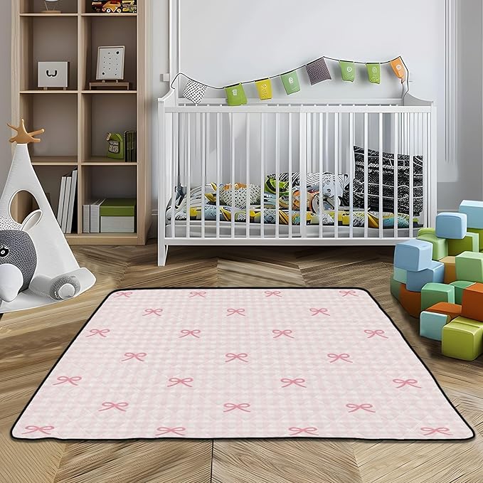 Baby Play Mat Pink Checkered and Bows 50 x 50 Playpen Mat Baby Play Mats for Floor Play Gym Crawling Mat Non-Slip Cushioned Baby Playmat for Infants, Babies, Toddlers
