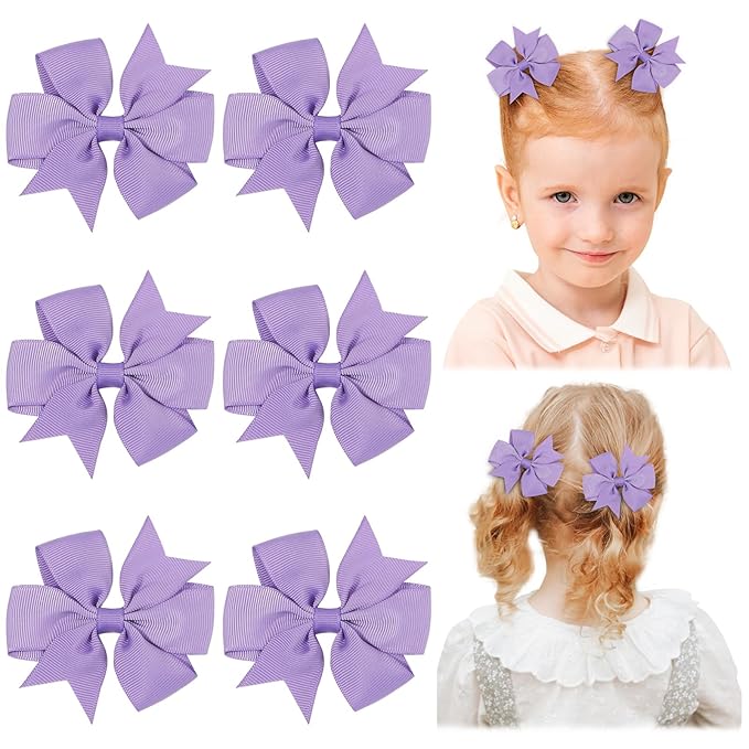 Choicbaby 3 Inches Hair Bows for Girls Purple Grosgrain Ribbon Pinwheel Hair Bows Clips Toddler Hair Clips for Birthday Baby Shower Gifts 6 Pack Photo Props
