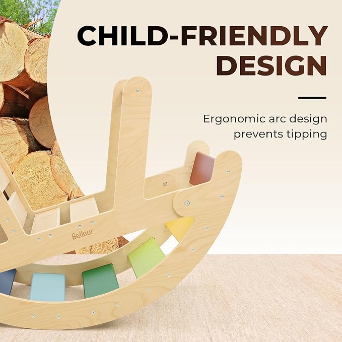 Belleur Wooden Rocking Arch for Toddlers, Rainbow Arch Rocker with High Handle & Backrest, Montessori Balance & Riding Toy for Toddlers 1-5 Years Old, Indoor Play and Ideal Birthday Gift