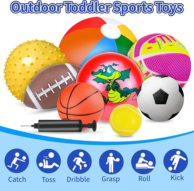 Balls for Toddlers, Toy Balls for Kids, Set of 8 Sport Toys with Pump/Beach Ball/Soccer/Basketball/Tennis/Football/Massage Ball/Rugby/PlaygroundBalls for Indoor Outdoor Party Games