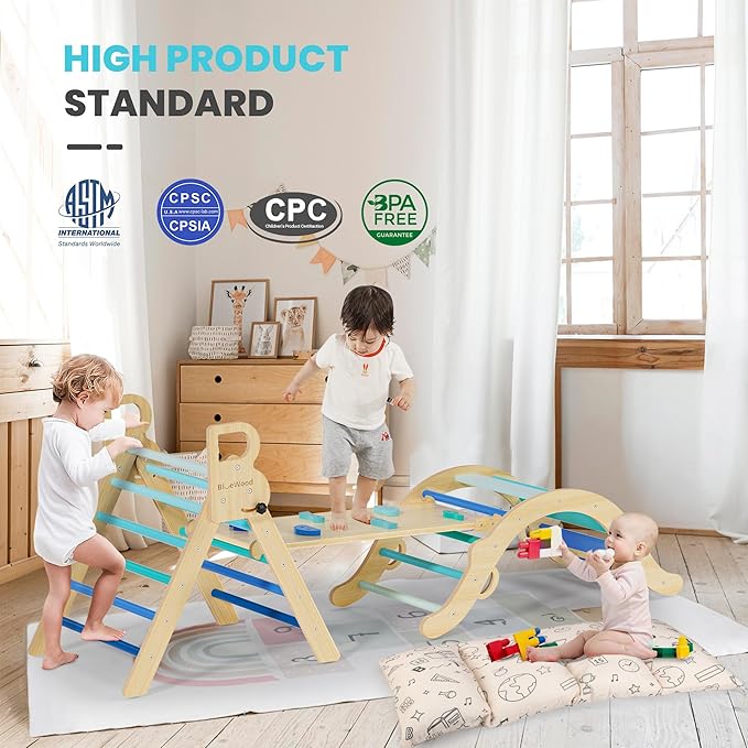 BlueWood Pikler Triangle Set with Cushion, 8-in-1 Climbing Toys for Toddlers, Montessori Philosophy Play Jungle Gym with Arch, Ramp, Ladder(Sky Blue)