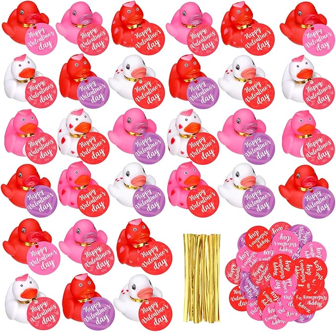 MiniInflat 48 Set Valentine's Day Rubber Duckies with Gift Cards Valentines Mini Rubber Duck Bath Gift for Girl Boy Heart Duck Bathtub Pool Gift Classroom Exchange Prize Gift Valentines Party Favor