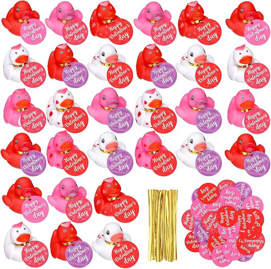 MiniInflat 48 Set Valentine's Day Rubber Duckies with Gift Cards Valentines Mini Rubber Duck Bath Gift for Girl Boy Heart Duck Bathtub Pool Gift Classroom Exchange Prize Gift Valentines Party Favor