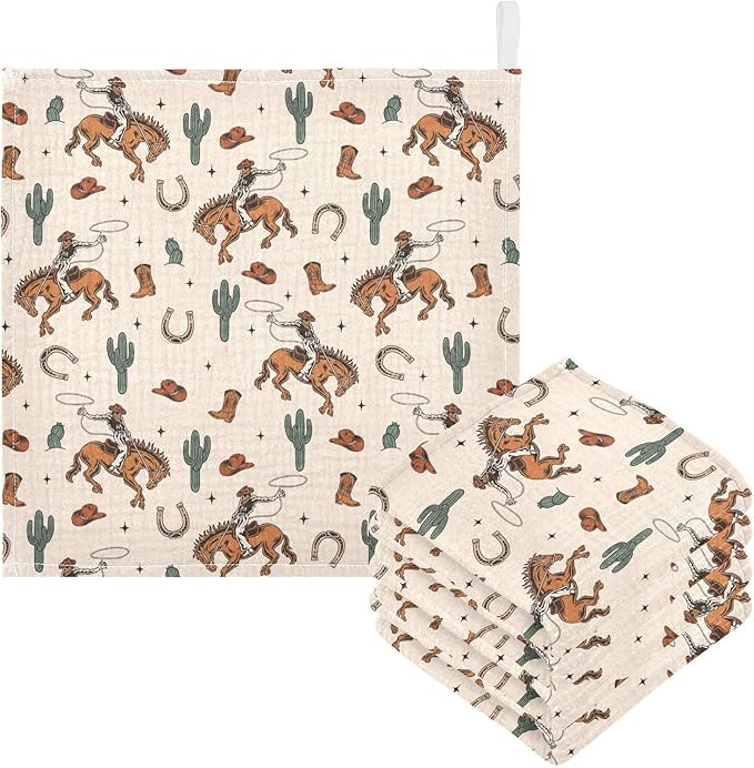 Western Cowboy Cactus Baby Washcloths Newborn Muslin Burp Cloths 3 Pack Soft Cotton Baby Face Bath Towel Drool Bibs for Infants, Girls and Boys 11.8 x 11.8 Inch